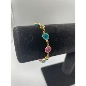 Swarovski Multi Color Crystal Gold Tone Link Bracelet Teal Pink Yellow Swan Logo